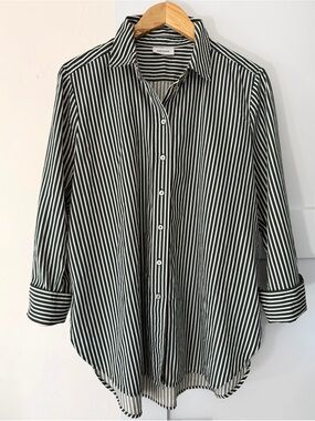 Sussan Austrailian Cotton Relaxed Fit Forest Green Striped Button Down Shirt
